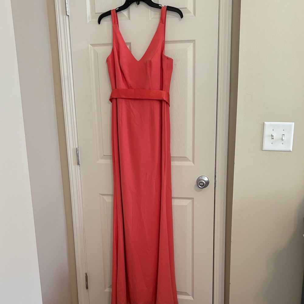 White by Vera Wang Coral Formal Designer Peachy Pink Belted Maxi Dress Gown